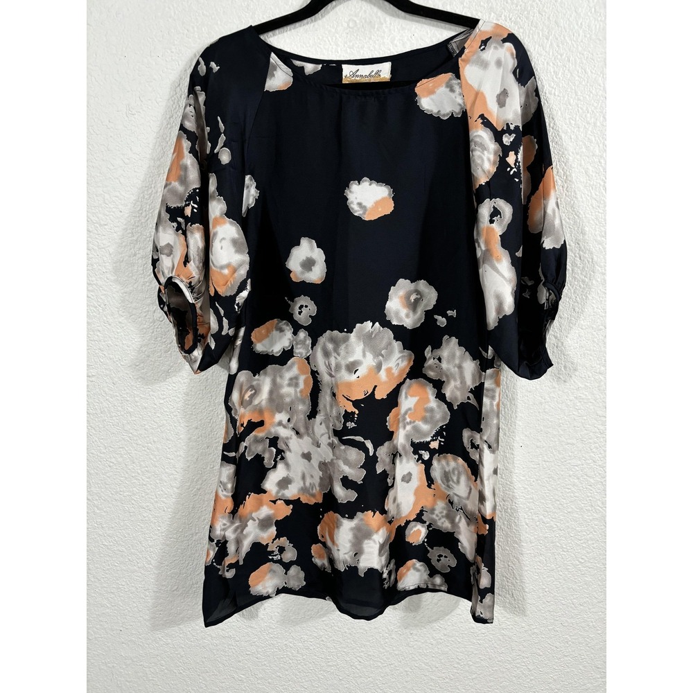 Annabelle Dress Womens Medium Navy Abstract Floral Mini 3/4 Sleeve Semi Sheer